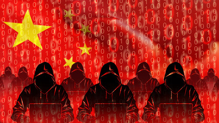 Cyber army from China. PRC flag with silhouettes of hackers. Digital army. People in hoods with laptops. Cyber army of people republic of China. Flag of China with binary code. 3d image