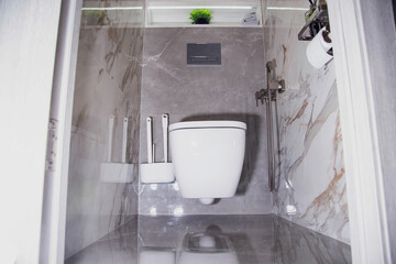 View of the interior of a modern bathroom renovation with a hanging toilet bowl, a hygienic shower...