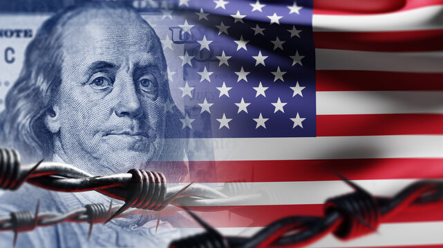 USA flag behind barbed wire. Franklin portrait on dollar money. Concept of seizing money in USA. Metaphor of compliance checking deposit in bank. Financial sanctions from united states. 3d image