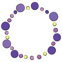 Round frame, border from purple yellow polka dots, balls, circles isolated on white background in doodle flat style. Cute funny vector design element
