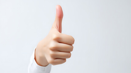 Hand of businesswoman showing thumbs up sign on white background.