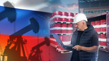 Oil industry Russia. Man trader near barrels fuel in port. Import oil from Russia. Fuel company employee with laptop. Sea container with crude oil in barrels. Man trader petroleum company from Russia