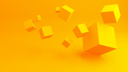 Fototapeta na wymiar Geometric background. Backdrop with yellow cubes. Abstract wallpaper. Yellow background for site. Three-dimensional cubes in zero gravity. Backdrop for design. Geometric pattern. 3d image