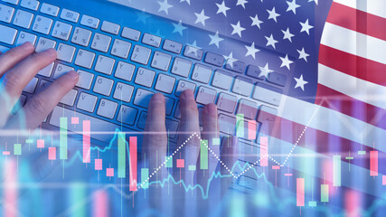 US flag near financial quotes. American trader hands on keyboard. Trading on US stock exchange. Investments in united states government bonds. Trading technologies. Digitalization US economy concept - obrazy, fototapety, plakaty