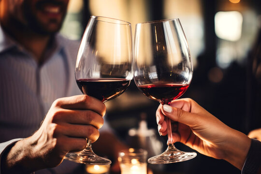 Hands close-up with glasses of red wine being checked in a restaurant