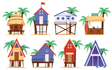 Beach bungalow houses or resort huts set, flat vector illustration isolated. - obrazy, fototapety, plakaty