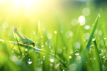Fresh juicy young grass in droplets of morning dew and a grasshopper in summer spring on a leaf macro. Drops of water on the grass, natural wallpaper.
