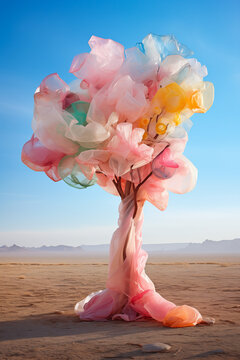 Surreal Cotton Candy Tree wrapped in plastic trash. Generative AI