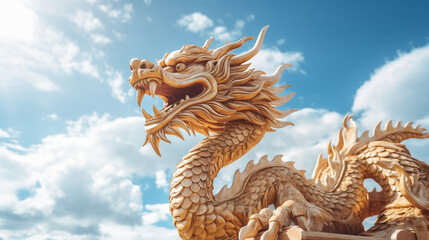 chinese new year dragon 2024 wood outdoor with sky and cloud photography - obrazy, fototapety, plakaty
