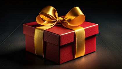 Obraz premium Red gift box on a black dark background, decorated with a yellow textured bow, creating a romantic luxury atmosphere. For Saint Valentines day presents