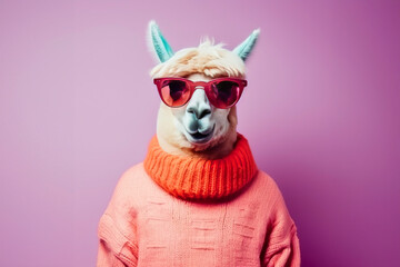Cute cartoon anthropomorphic lama wears a pink sweater and glasses, lilac background