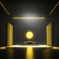 Glowing realistic Futuristic Modern black empty dark hall room stage interior with red green yellow blue orange neon led light rendering background.Cyberpunk ambient 3D Rendering