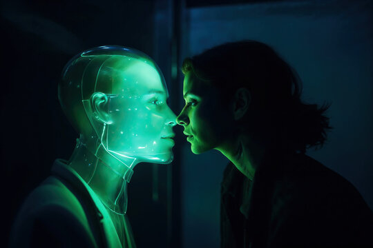 Generative Ai image of human-like robot and woman in close encounter