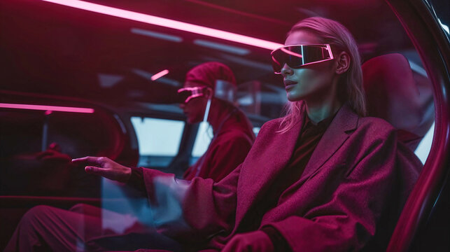 Generative Ai image of a futuristic car interior with a woman in VR headset
