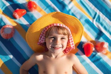 Generative AI image of a child enjoying summer on a beach towel
