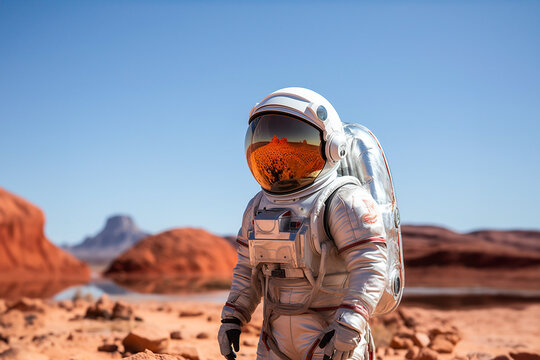 Astronaut exploring a Martian-like landscape