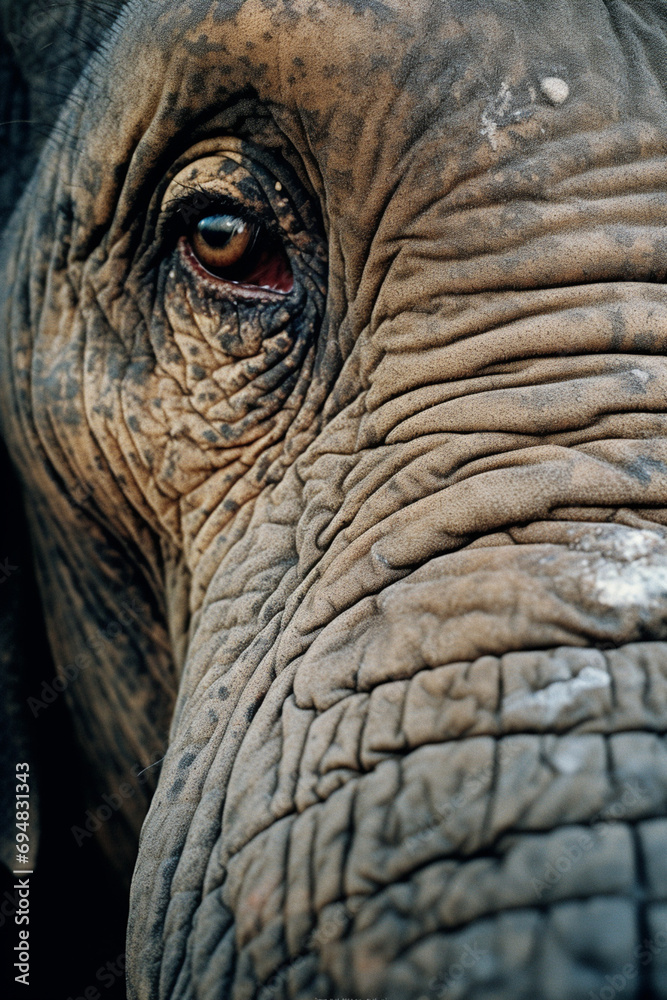 Poster hyperrealistic portrayal of a wise and weathered elephant, capturing the texture of its wrinkled ski