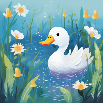 Pato branco fofo no lago azul com plantas verdes - Ilustração Infantil colorida