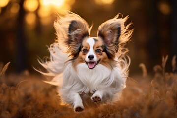 A Papillon dog with its ears fluttering in the wind