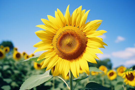 A visual representation of happiness as a radiant sunflower, its petals reaching towards the sun amidst a field of bright yellows and blues.