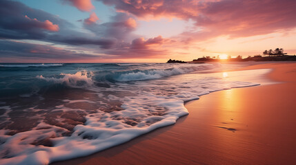 Closeup sea sand beach. Panoramic beach landscape. Inspire tropical beach seascape horizon. Orange and golden sunset sky calmness tranquil relaxing sunlight summer mood. Vacation travel holiday banner