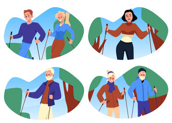 Fototapeta premium Set of diverse people doing nordic walking, flat vector illustration isolated on white background.