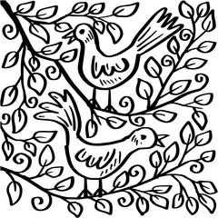 Hand drawn doodle bird and tree branch. Vector illustration.
