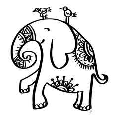 Cartoon elephant with a bird on its back. Hand drawing illustration.