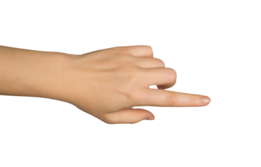 Women's hand with index finger pointing to something. PNG isolated on transparent background