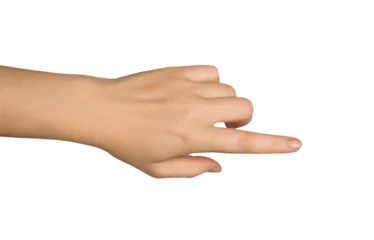 Poster Women's hand with index finger pointing to something. PNG isolated on transparent background © Olena Svechkova