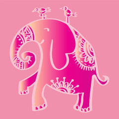 Cartoon elephant with a bird on its back. Hand drawing illustration.