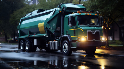 Modern Rubbish Truck On Duty In The Evening