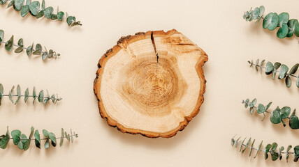 Empty wooden product podium with eucalyptus leaves on beige background, top view. Aesthetic minimal...