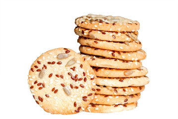 Row of round cookies with sesame, flax and sunflower seeds, isolated over a transparent background. Column, mockup, copy space. Layout for bakeries and confectionery
