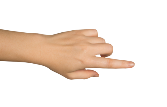 Women's hand with index finger pointing to something. PNG isolated on transparent background