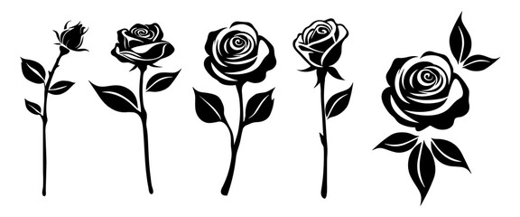 Black roses flowers silhouette set vector drawing.Floral beautiful wedding element.Stencil