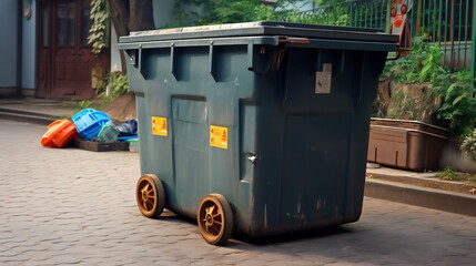 A Grey Garbage Container With Wheels Placed Near The House