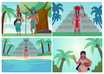 Maya tribal leader, warrior with weapon and women in traditional ethnic clothes near pyramid vector illustrations set