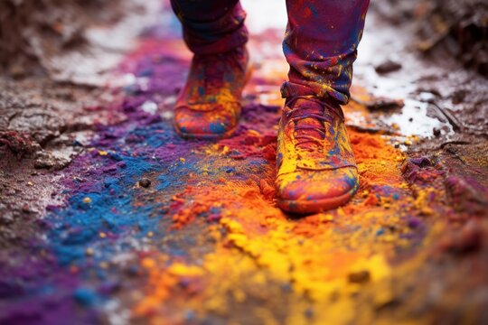 Colorful trail footprints amidst holi powder imprints, holi festival images hd