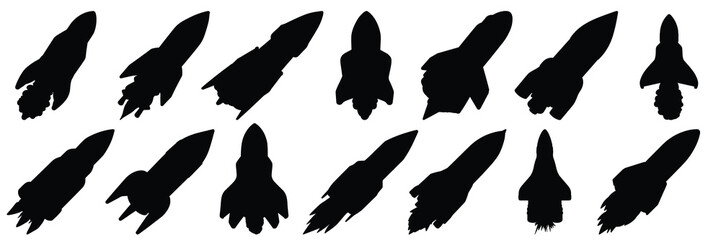 Rocket space silhouettes set, large pack of vector silhouette design, isolated white background