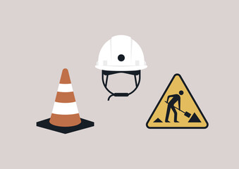A set of construction tools arranged, featuring a white hard hat, an orange traffic cone, and a yellow caution sign depicting a silhouette holding a shovel