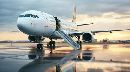 White Passenger Airplane With A Ramp For Passengers Who Are Boarding The Aircraft