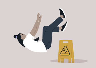 A cautionary yellow wet floor sign placed near a puddle, with a young character slipping and losing balance