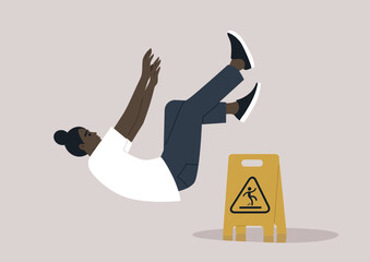 A cautionary yellow wet floor sign placed near a puddle, with a young character slipping and losing balance