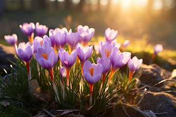 Freshly bloomed crocuses, vibrant purples, soft morning light, high detail