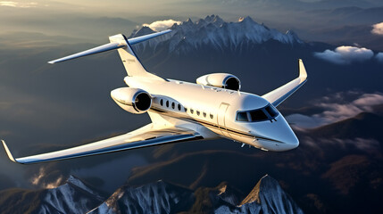 White Private Jet Is Flying Above The Mountains 