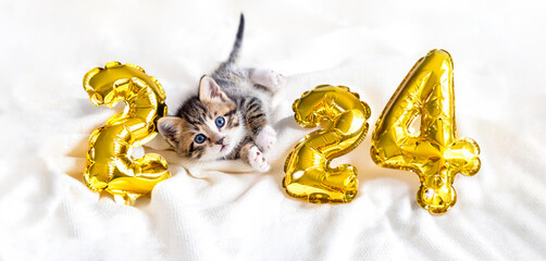 Christmas card cat 2024, Kitty with gold foil balloons number 2024 new year, Striped kitten on...