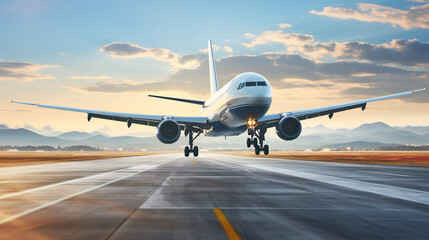 Fototapeta na wymiar White Passenger Airplane Landing At Airport Runway