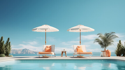 refreshing poolside setting with lounge chairs, umbrellas, and crystal-clear water - Powered by Adobe