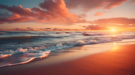 Schilderijen op glas stunning beach sunset scene with a warm golden glow   © emaotx
